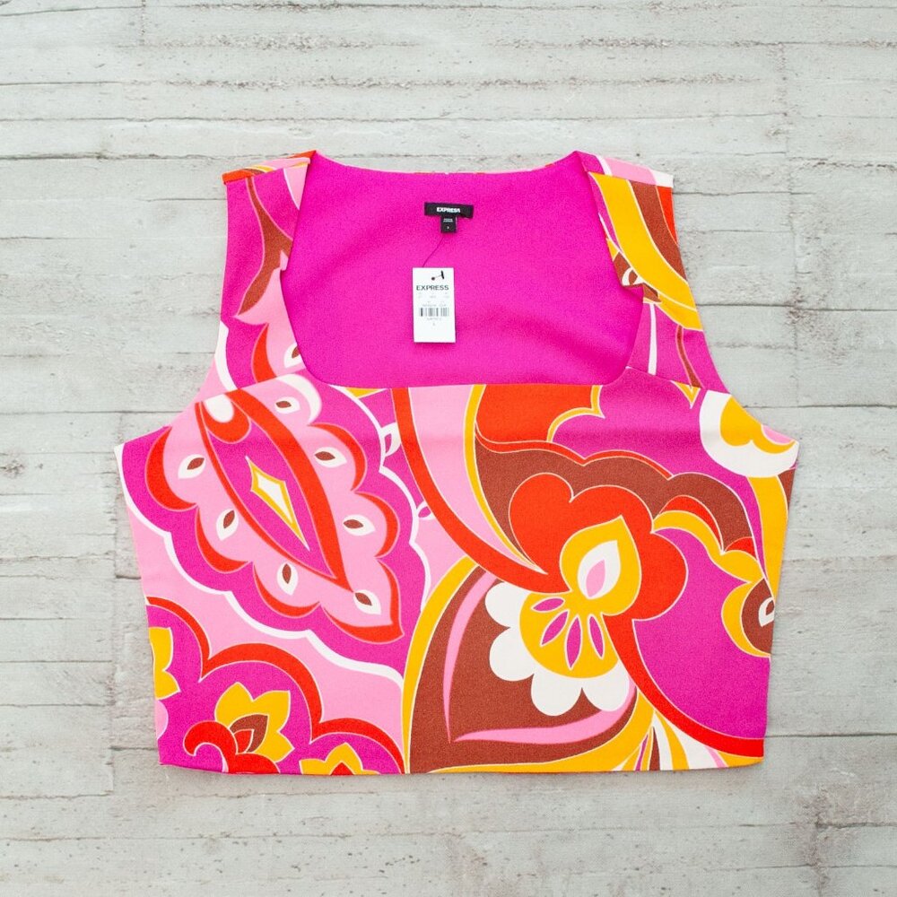 NWT Express Retro Paisley Square Neck Crop Top (side zip)